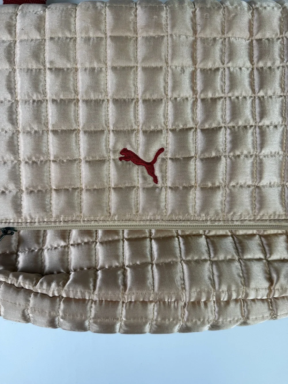 Vintage Puma Quilted Crossbody Bag in Champagne with Red Strap- Classic Puma